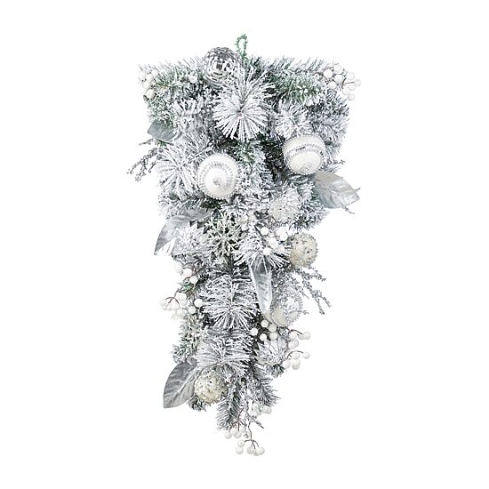 Glitzhome 30"H Christmas Silver & White Ornament And Berry Teardrop Floral Arrangement