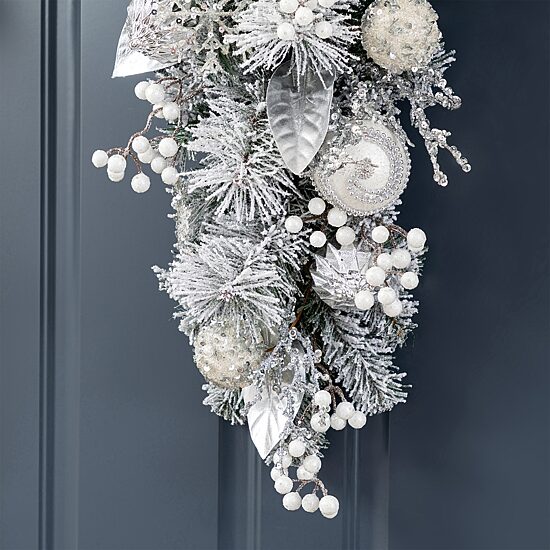 Glitzhome 30"H Christmas Silver & White Ornament And Berry Teardrop Floral Arrangement