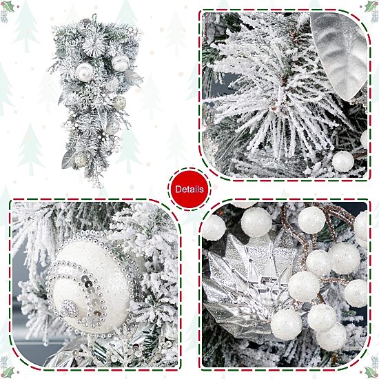 Glitzhome 30"H Christmas Silver & White Ornament And Berry Teardrop Floral Arrangement