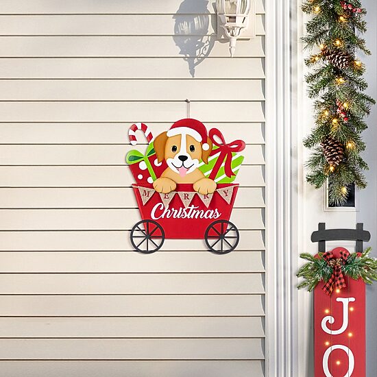 Glitzhome 24"H Metal Christmas Dog And Gift Cart Christmas Yard Art