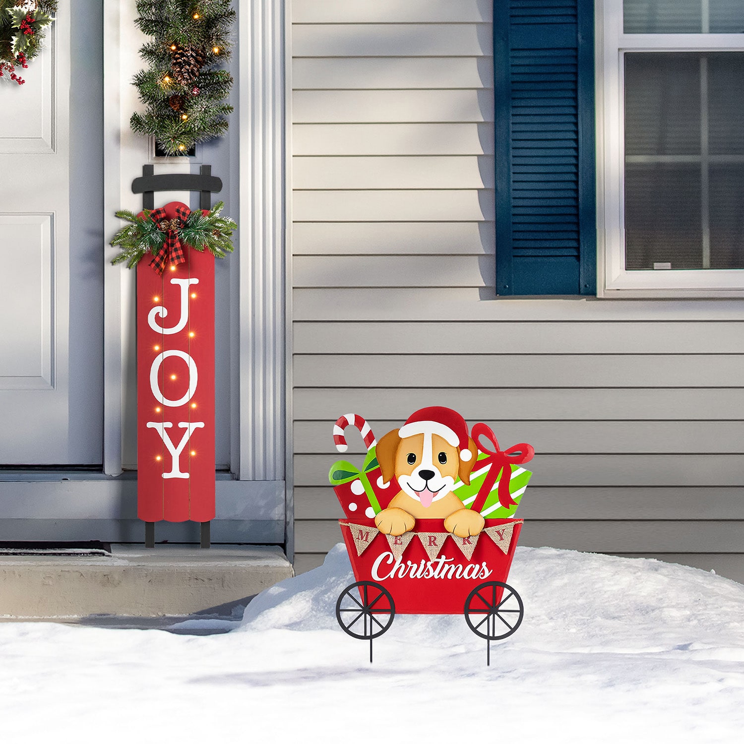 Glitzhome 24"H Metal Christmas Dog And Gift Cart Christmas Yard Art