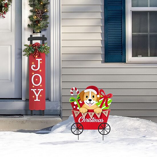 Glitzhome 24"H Metal Christmas Dog And Gift Cart Christmas Yard Art