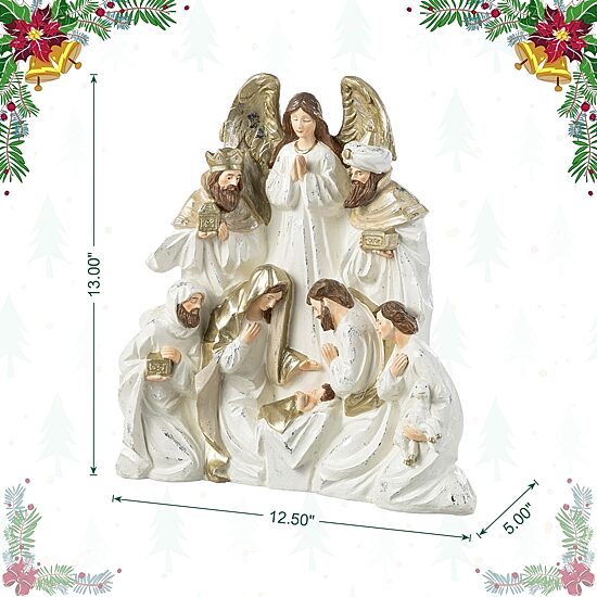 Glitzhome 13"H Ivory/Gold Resin Nativity Figurine Nativity Set