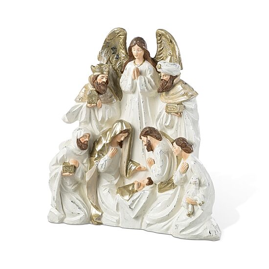 Glitzhome 13"H Ivory/Gold Resin Nativity Figurine Nativity Set