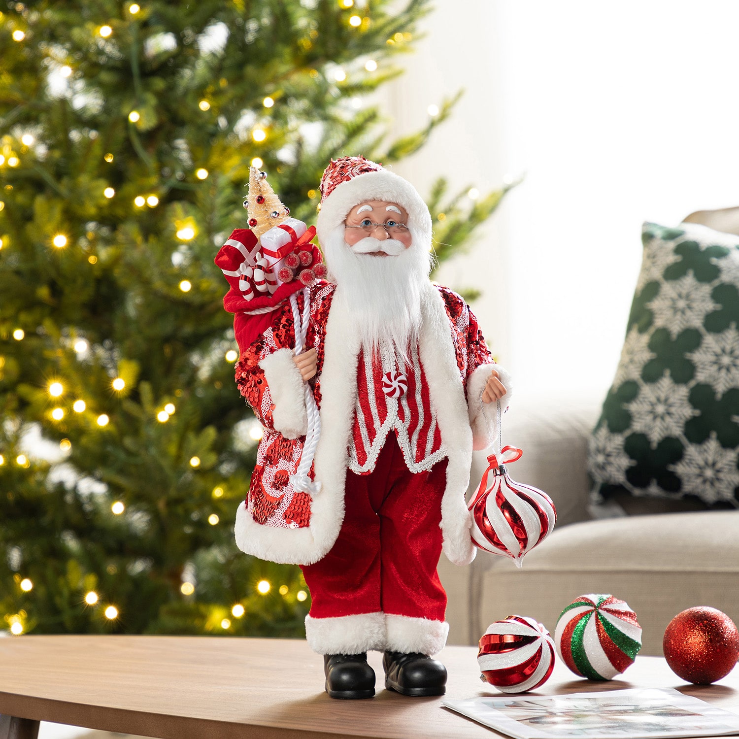 Glitzhome 18"H Faux Fur Christmas Peppermint Santa Christmas Figurine
