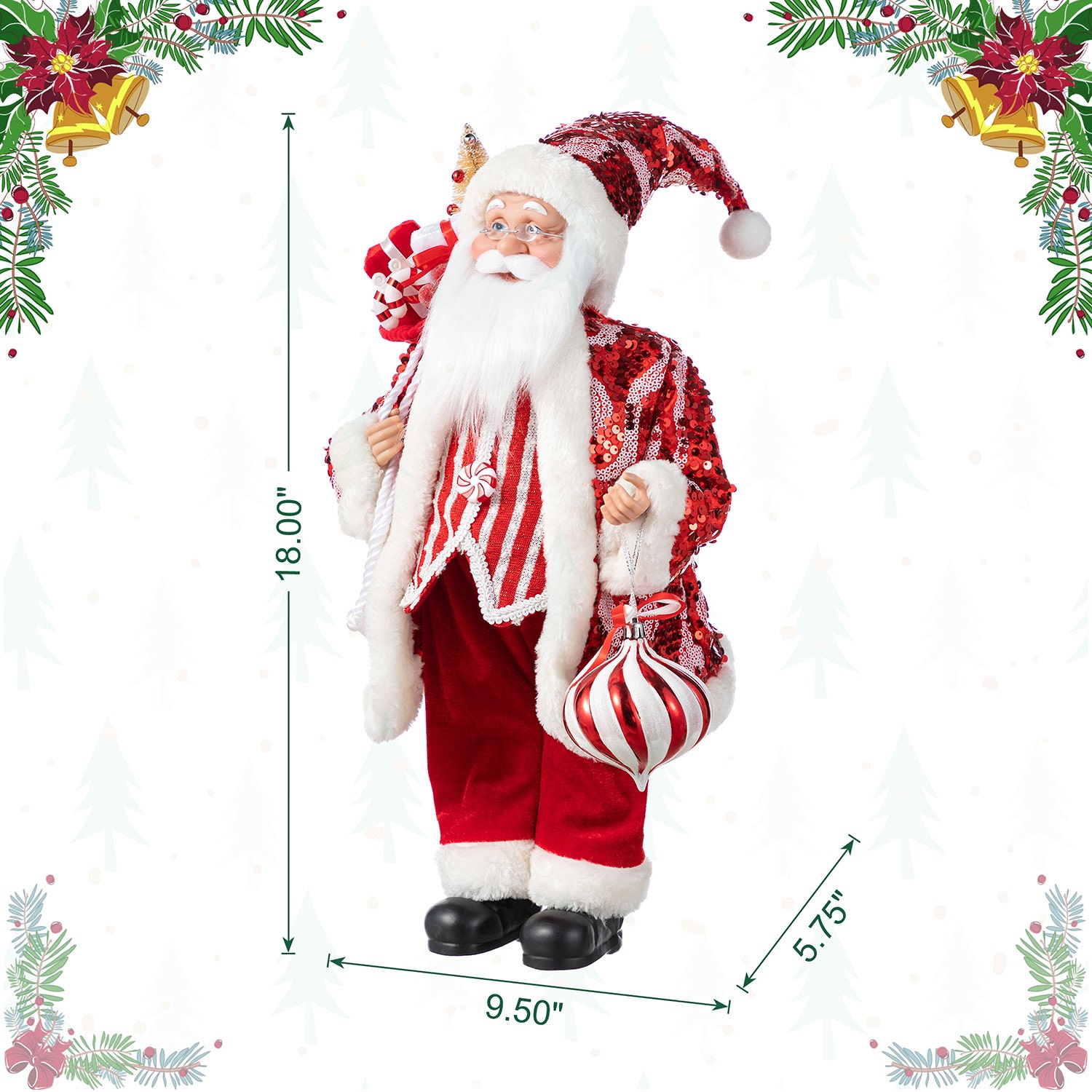 Glitzhome 18"H Faux Fur Christmas Peppermint Santa Christmas Figurine