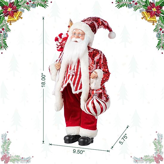 Glitzhome 18"H Faux Fur Christmas Peppermint Santa Christmas Figurine