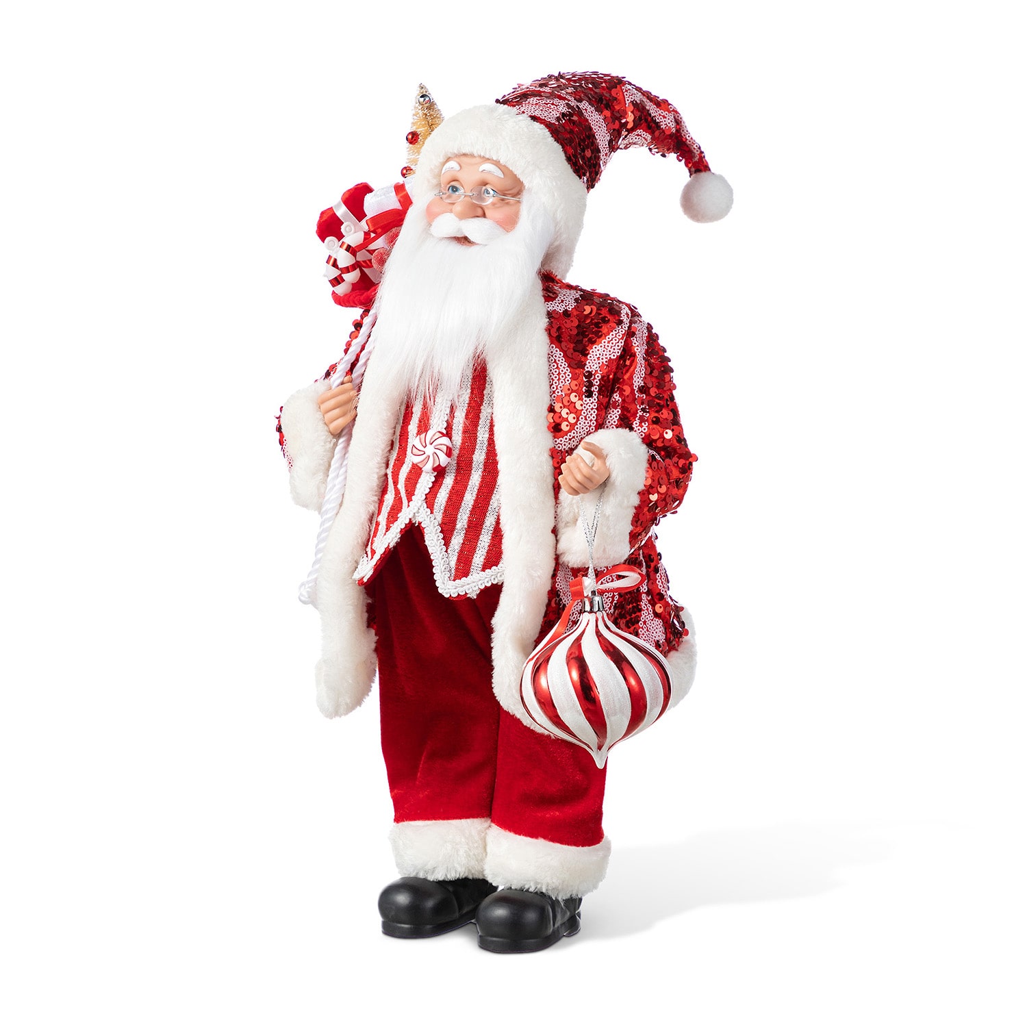 Glitzhome 18"H Faux Fur Christmas Peppermint Santa Christmas Figurine