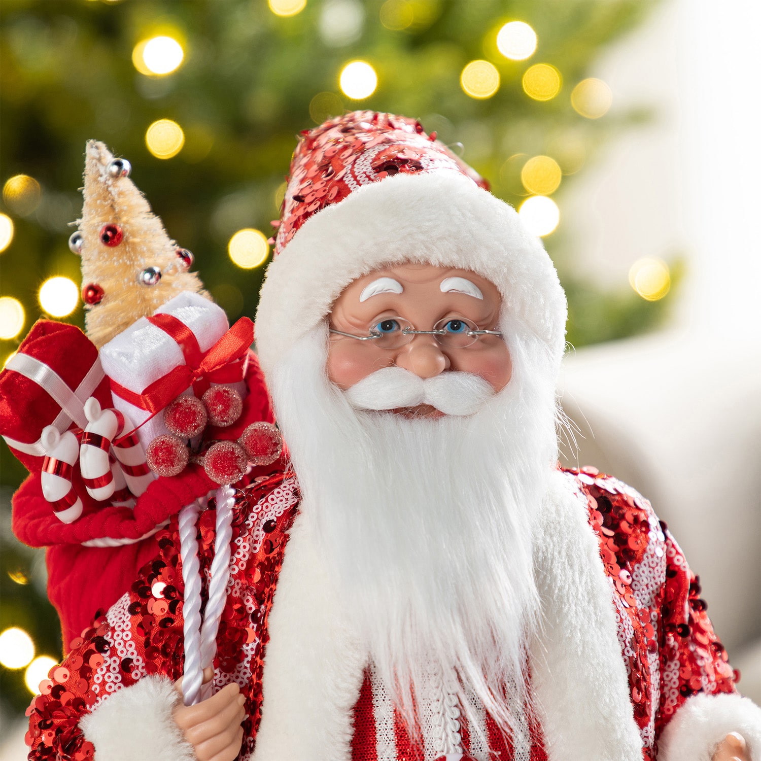 Glitzhome 18"H Faux Fur Christmas Peppermint Santa Christmas Figurine