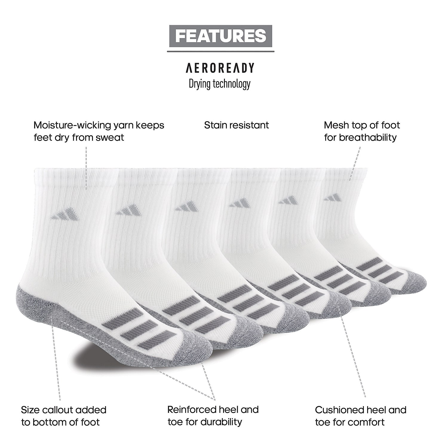 adidas Big Kid Boys 6 Pair Crew Socks