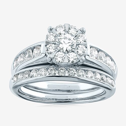Womens 1 1/2 CT. T.W. Natural White Diamond 10K Gold Round Side Stone Halo Bridal Set, 8, White