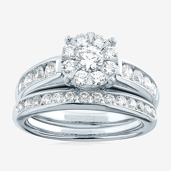 Womens 1 1/2 CT. T.W. Natural White Diamond 10K Gold Round Side Stone Halo Bridal Set