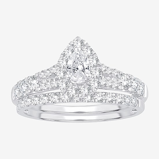 Womens 1 CT. T.W. Natural White Diamond 10K Gold Pear Side Stone Halo Bridal Set