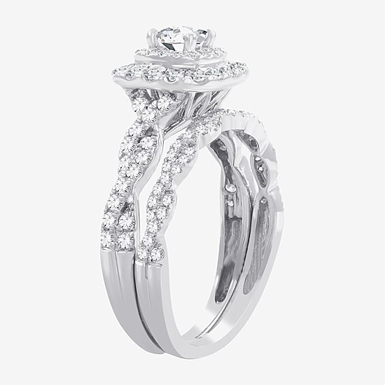Signature By Modern Bride 1 CT.T.W. Natural Diamond Cushion Shape Side Stone Halo Bridal Set in 10K or 14K Gold