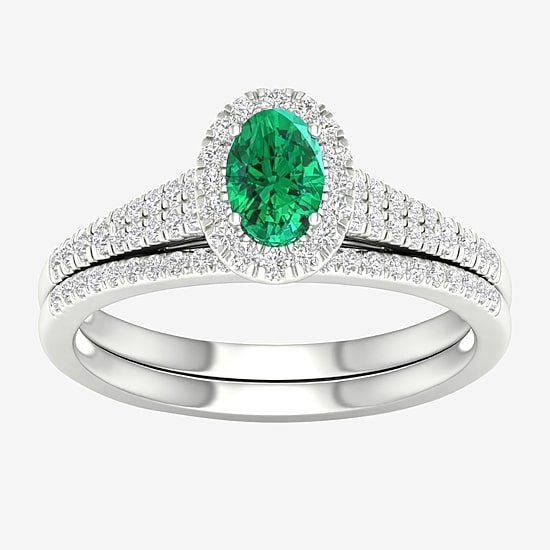 Modern Bride Gemstone and 1/3 CT. T.W. Diamond Halo Bridal Set in 10K Gold
