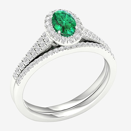 Modern Bride Gemstone and 1/3 CT. T.W. Diamond Halo Bridal Set in 10K Gold