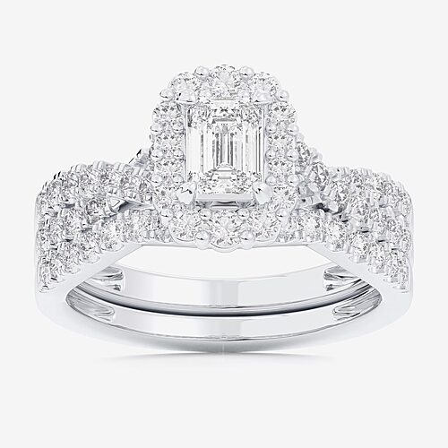 Signature By Modern Bride (G-H / Si1-Si2) Womens 1 1/3 CT. T.W. Lab Grown White Diamond 10K Gold Side Stone Halo Bridal Set, 9, White