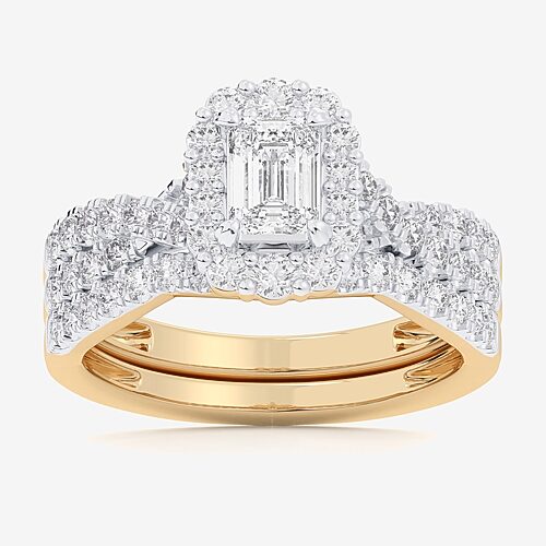 Signature By Modern Bride (G-H / Si1-Si2) Womens 1 1/3 CT. T.W. Lab Grown White Diamond 10K Gold Side Stone Halo Bridal Set, 9, Yellow
