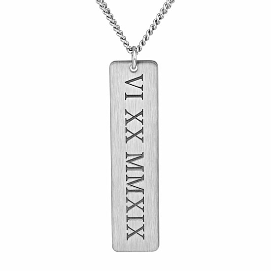 Personalized Brushed Roman Numeral Date Engraved Vertical Bar Pendant Necklace
