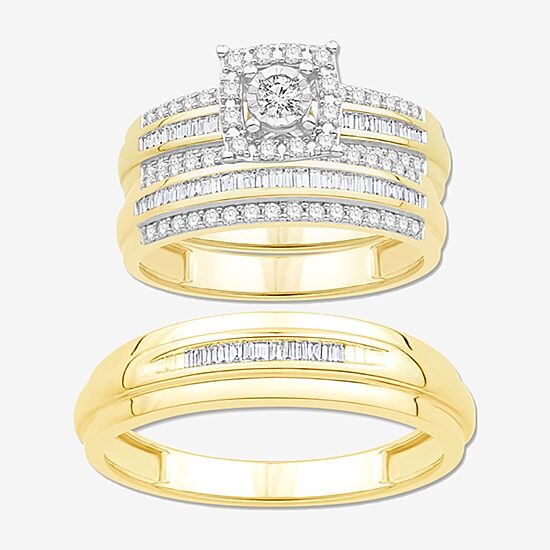 3PC His and Hers Trio Wedding Set Featuring 3/4 CT.T.W. Natural Diamond Womens Bridal Set and Mens Wedding Band in 10K or 14K Two Tone Gold