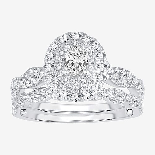 Signature By Modern Bride Womens 1 CT.T.W. Natural Diamond 10K or 14K Gold Oval Side Stone Halo Bridal Set, 9, White
