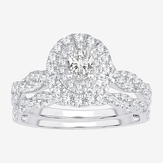 Signature By Modern Bride Womens 1 CT.T.W. Natural Diamond 10K or 14K Gold Oval Side Stone Halo Bridal Set