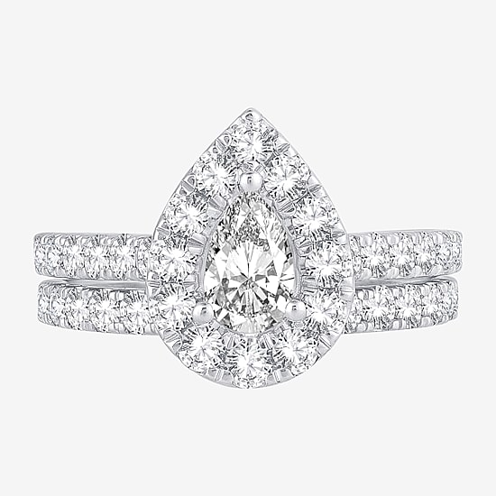 Womens 2 CT. T.W. Natural White Diamond 10K Gold Pear Halo Bridal Set