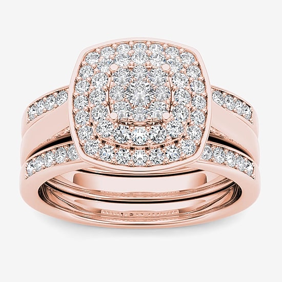 Womens 1/3 CT. T.W. Natural White Diamond 10K Gold Cushion Side Stone Halo Bridal Set