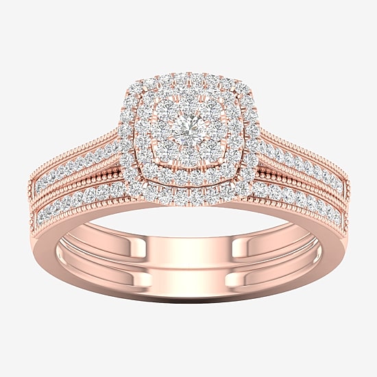 Womens 1/3 CT. T.W. Natural White Diamond 10K Gold Cushion Halo Bridal Set