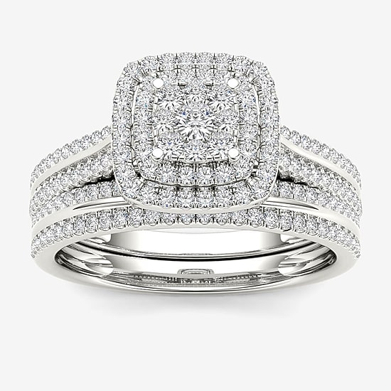Womens 1/2 CT. T.W. Natural White Diamond 10K Gold Cushion Halo Bridal Set