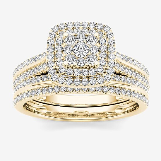 Womens 1/2 CT. T.W. Natural White Diamond 10K Gold Cushion Halo Bridal Set