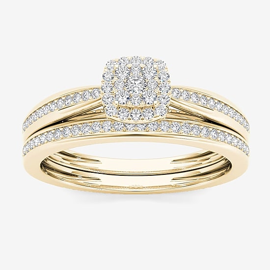 Womens 1/4 CT. T.W. Natural White Diamond 10K Gold Cushion Side Stone Halo Bridal Set