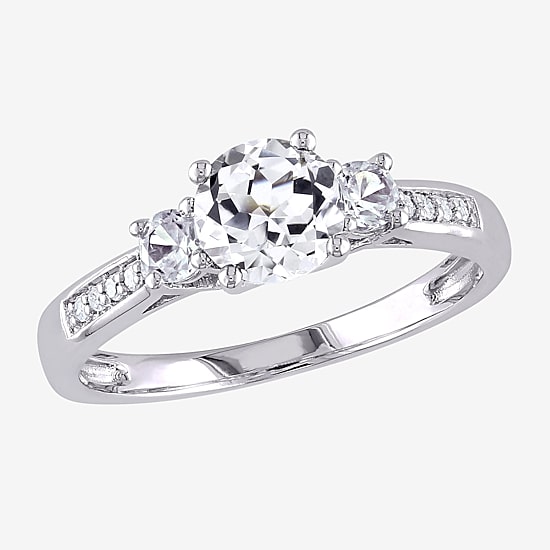 Modern Bride Gemstone Womens Diamond Accent Lab Created White Sapphire 10K Gold Round 3-Stone Engagement Ring