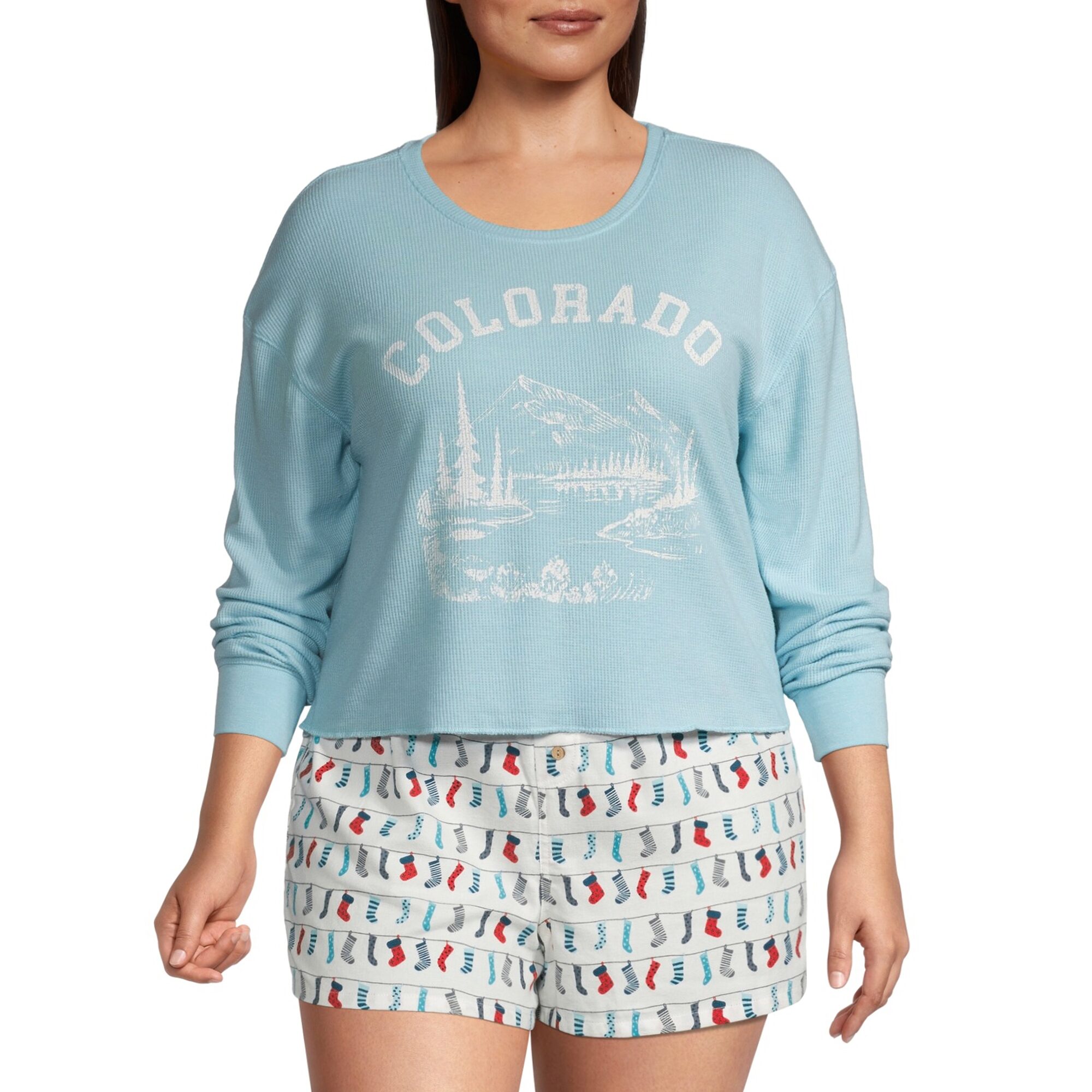Arizona Body Womens Waffle Round Neck Long Sleeve Juniors Pajama Top