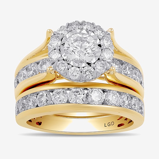 (H-I / Si2) Womens 3 CT. T.W. Lab Grown White Diamond 14K Gold Round Side Stone Halo Bridal Set