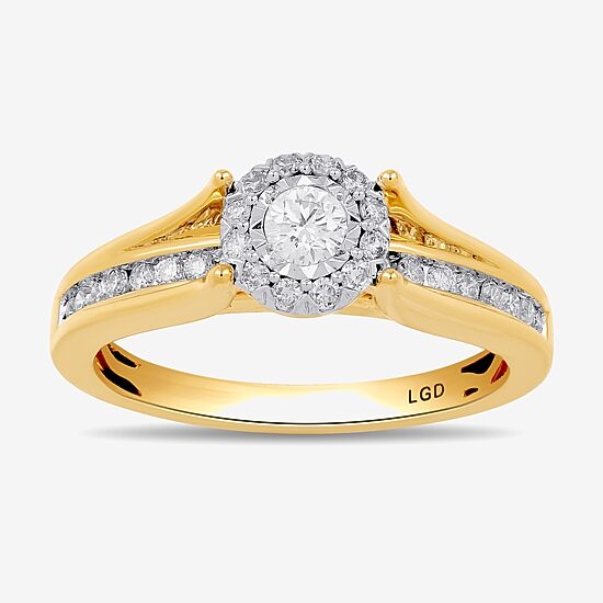 (H-I / I1-I2) Womens 1/2 CT. T.W. Lab Grown White Diamond 14K Gold Round Side Stone Halo Engagement Ring