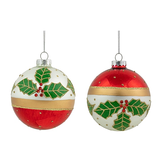 Northlight 4" Holly And Berry Striped Glass Ball Christmas Ornament