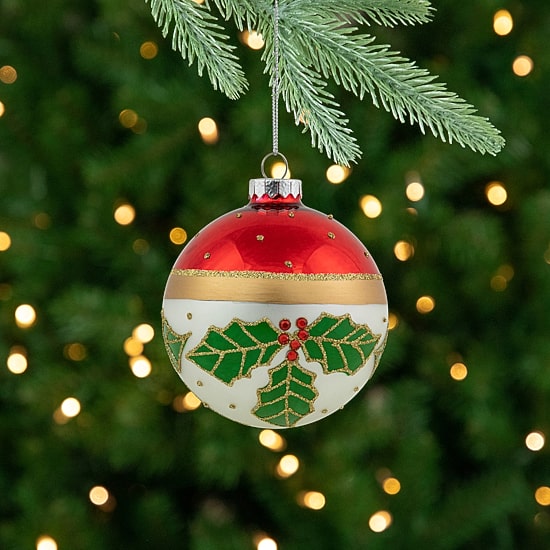 Northlight 4" Holly And Berry Striped Glass Ball Christmas Ornament
