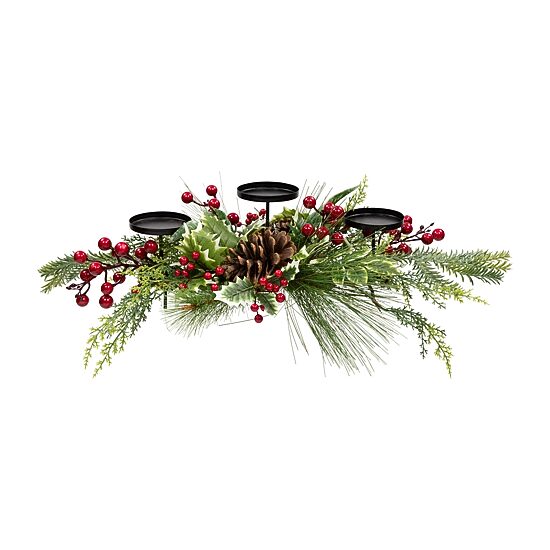 Northlight 28" Holly And Berries Pillar With Pine Cones Candle Holder