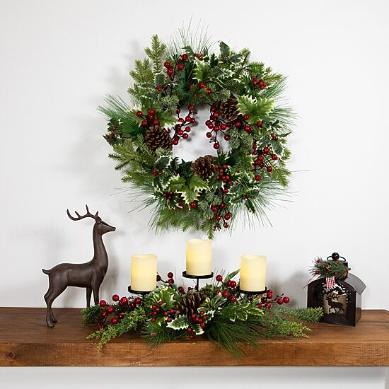 Northlight 28" Holly And Berries Pillar With Pine Cones Candle Holder