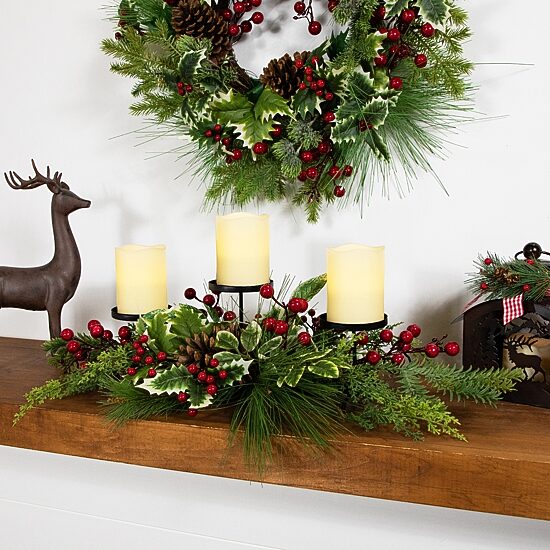 Northlight 28" Holly And Berries Pillar With Pine Cones Candle Holder