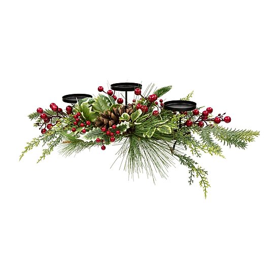 Northlight 28" Holly And Berries Pillar With Pine Cones Candle Holder