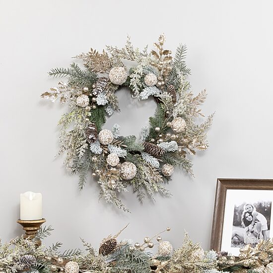 Northlight 24" Glittered Mixed Foliage With Ornaments Artificial Wreath