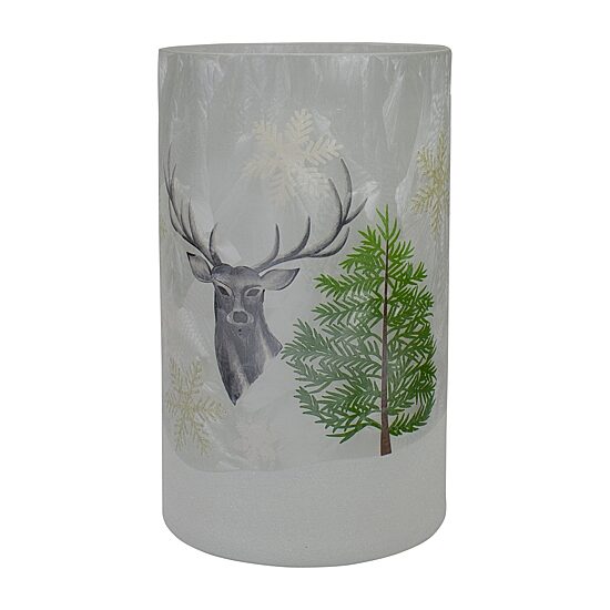 Northlight 10" Deer Pine And Snowflakes Hand Painted Flameless Glass Candle Holder