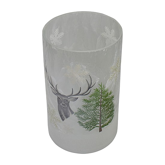 Northlight 10" Deer Pine And Snowflakes Hand Painted Flameless Glass Candle Holder