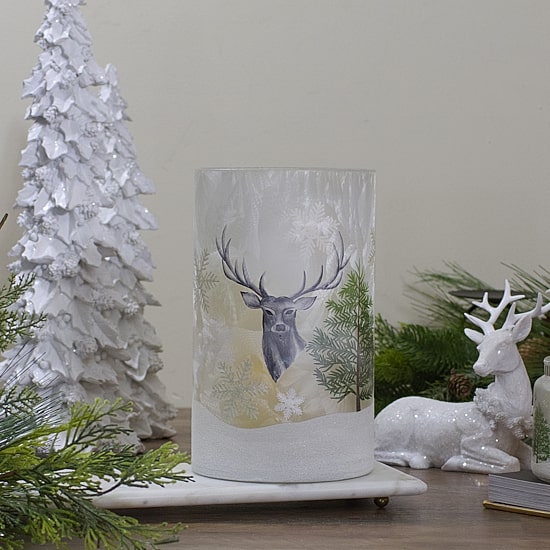 Northlight 10" Deer Pine And Snowflakes Hand Painted Flameless Glass Candle Holder