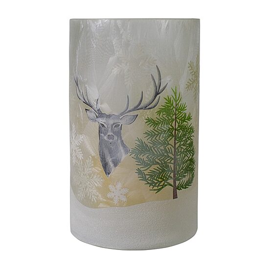 Northlight 10" Deer Pine And Snowflakes Hand Painted Flameless Glass Candle Holder