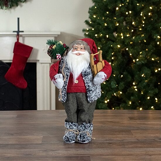 Northlight 18" Standing Santa Carrying Presents And A Sled Christmas Figurine