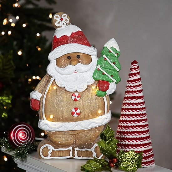 Northlight 16" Lighted Gingerbread Santa With Frosted Tree Christmas Figurine