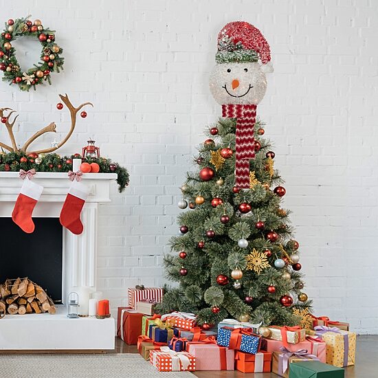 Northlight 22" Lighted Snowman Wearing A Frosted Hat With Pine Christmas Tree Topper